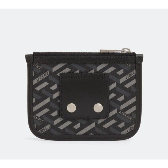 NEW Versace Mini Coin Pouch 5.5” x 4.5” La Greca Rectangular Modular Black Gray - Picture 3 of 11